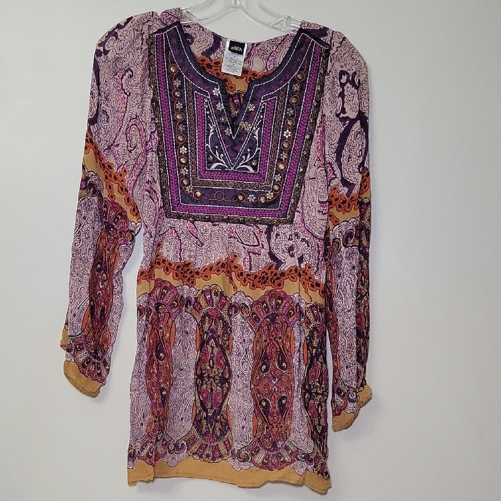BILA Womens Medium Boho Paisley Embroidered Studded Rayon Tunic Top Purple Pink